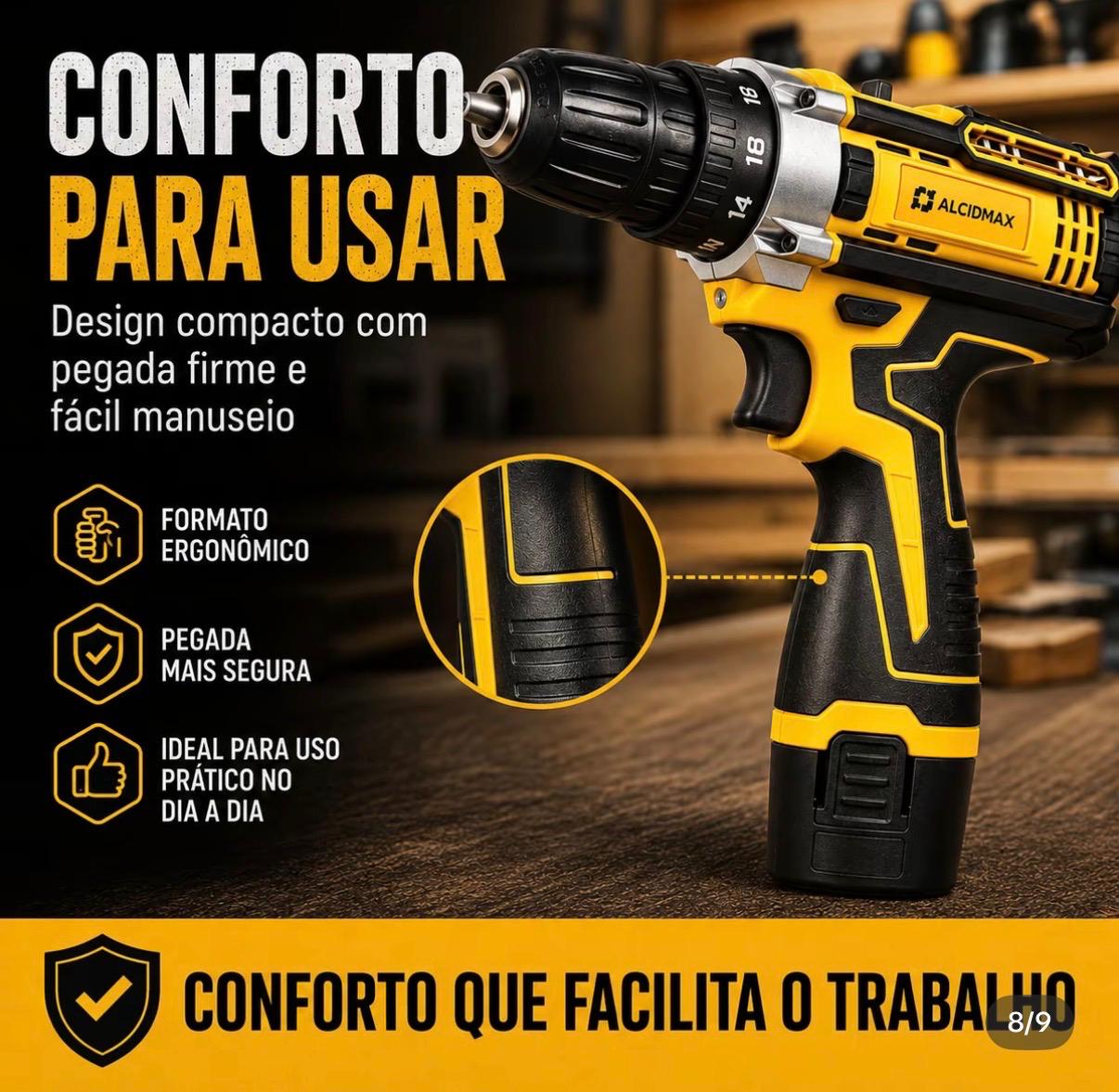 Imagem promocional da parafusadeira ALCIDMAX amarela e preta, destacando o formato da empunhadura
